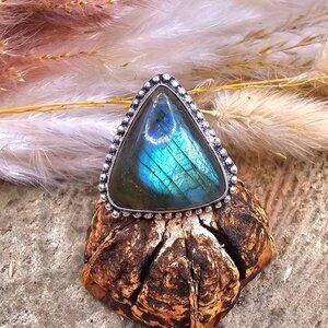 Nature Labradorite Triangular Shape 925 Ring ( Size 8)